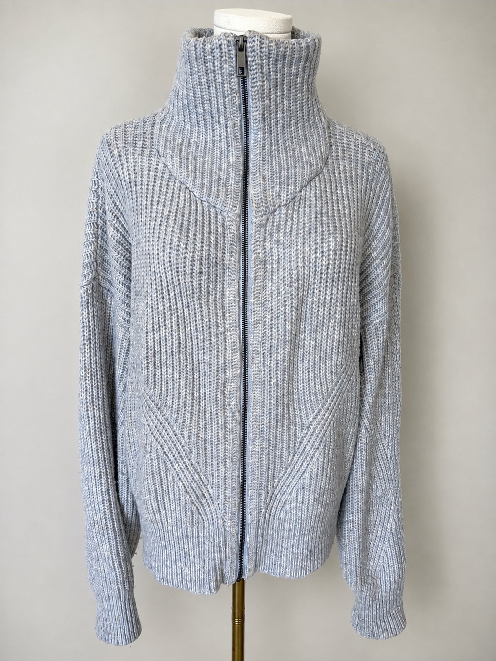 Marled Reunited Gray Lavender Chunky Knit Full Zip Funnel Neck Sweater Jacket M